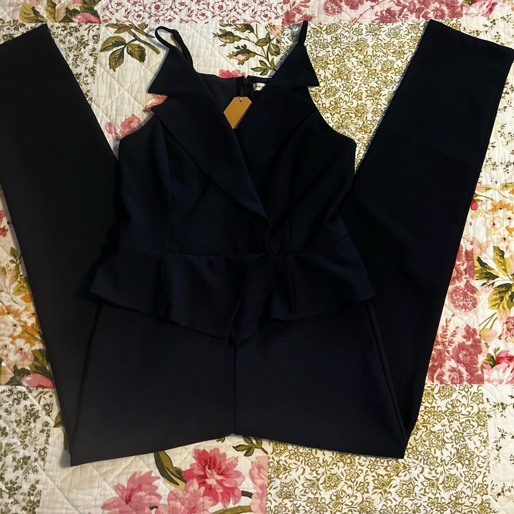 Main Strip Dark Navy Fitted Jumpsuit with Ruffle Detail